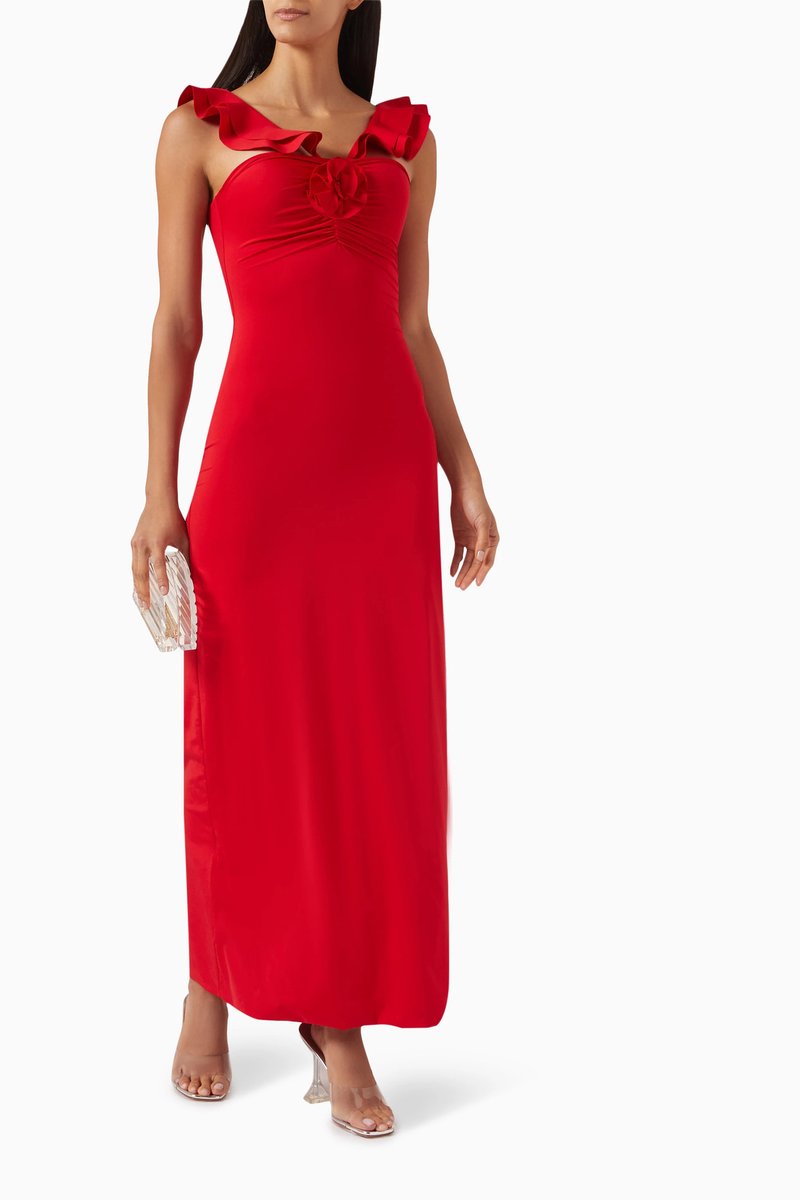 Red Ruffle Strapless Maxi Dress H7138