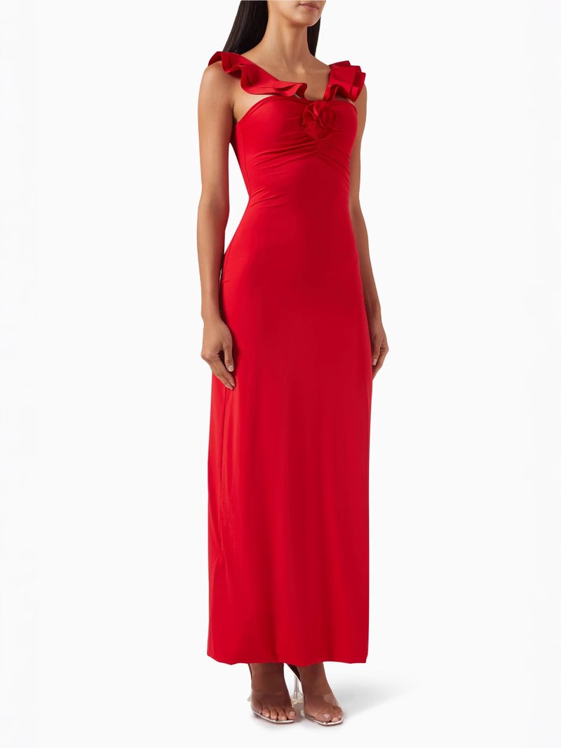 Red Ruffle Strapless Maxi Dress H7138