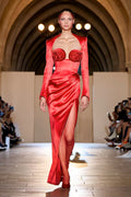 Red Satin Rose Bustier Gown H6690
