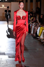 Red Satin Rose Bustier Gown H6690