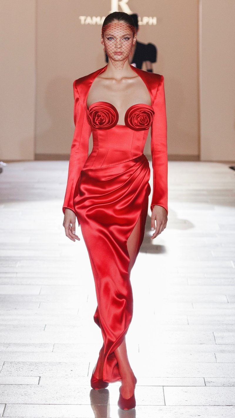Red Satin Rose Bustier Gown H6690