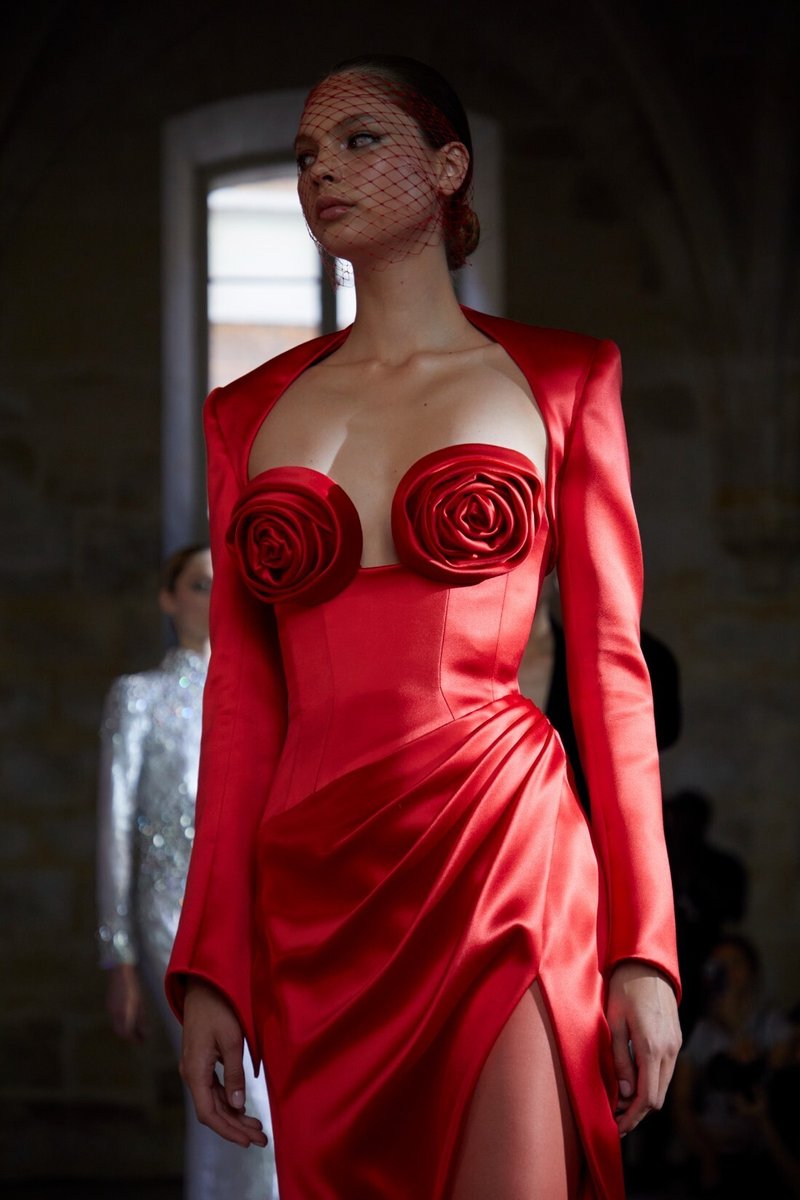 Red Satin Rose Bustier Gown H6690