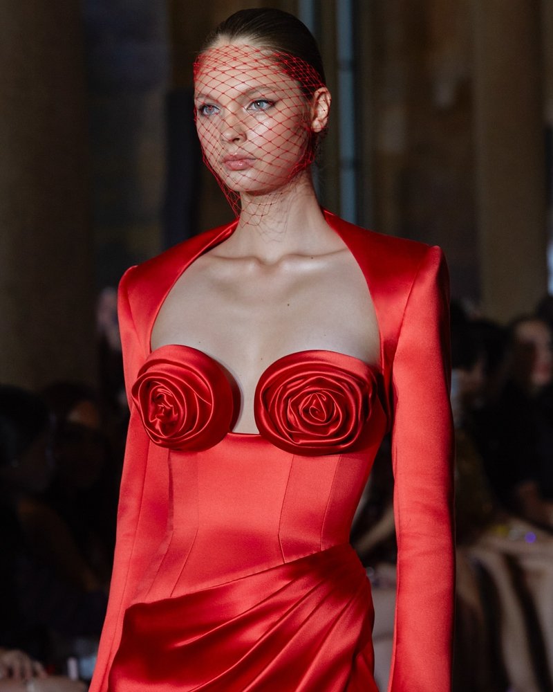 Red Satin Rose Bustier Gown H6690