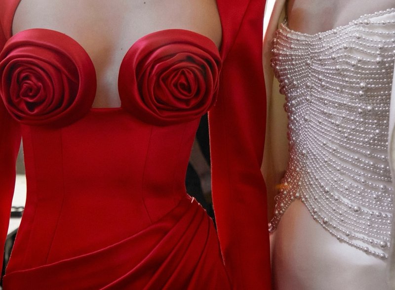 Red Satin Rose Bustier Gown H6690