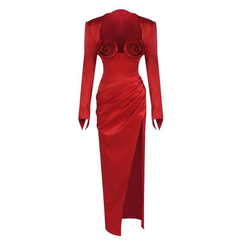 Red Satin Rose Bustier Gown H6690
