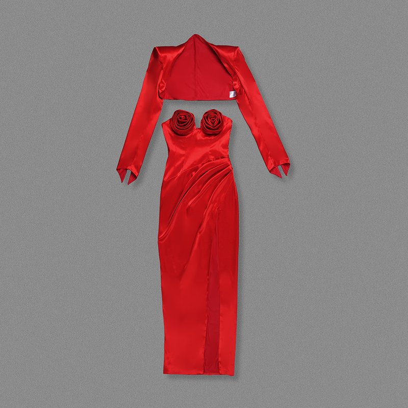 Red Satin Rose Bustier Gown H6690