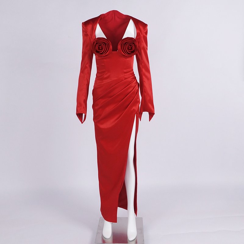 Red Satin Rose Bustier Gown H6690