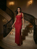 Red Sequin Bow Side Slit Gown H7125