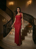 Red Sequin Bow Side Slit Gown H7125