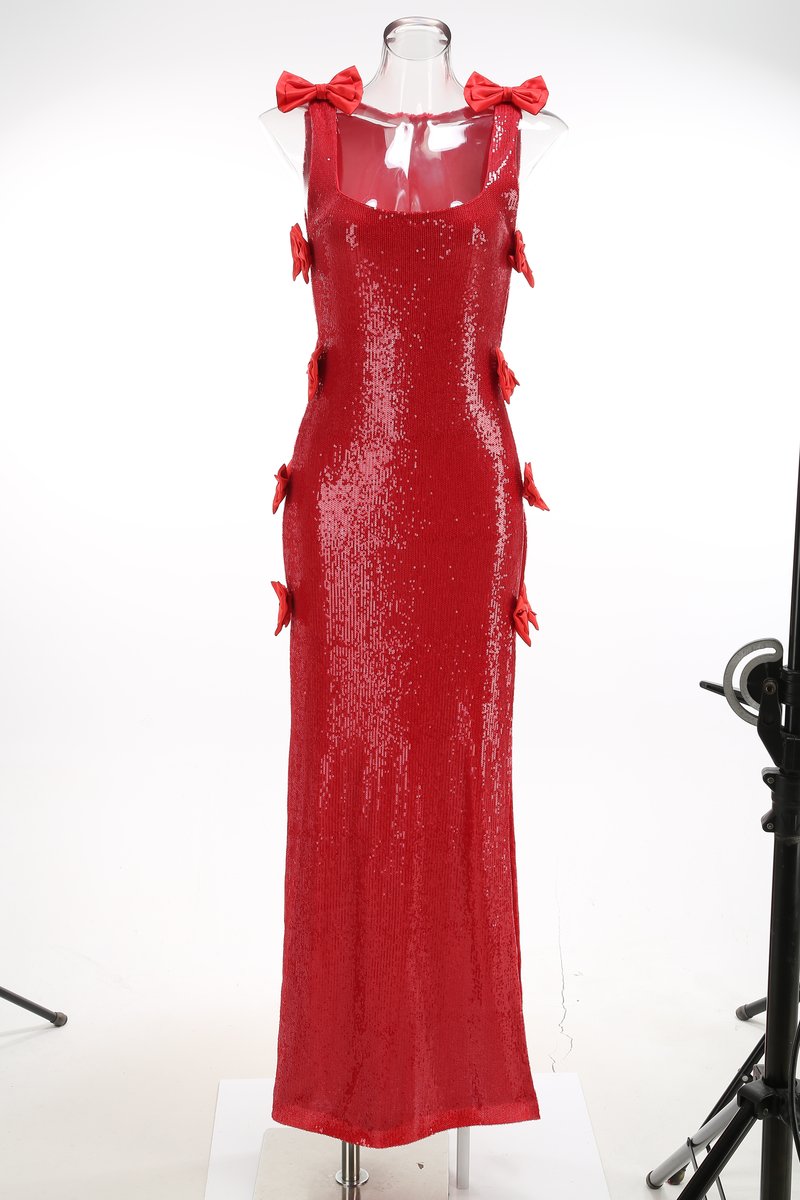 Red Sequin Bow Side Slit Gown H7125