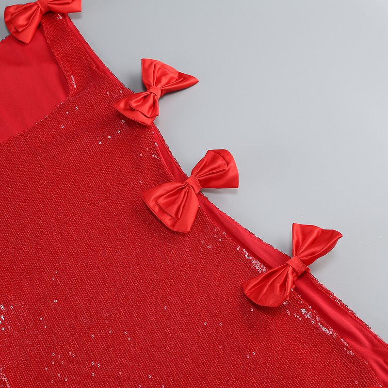 Red Sequin Bow Side Slit Gown H7125
