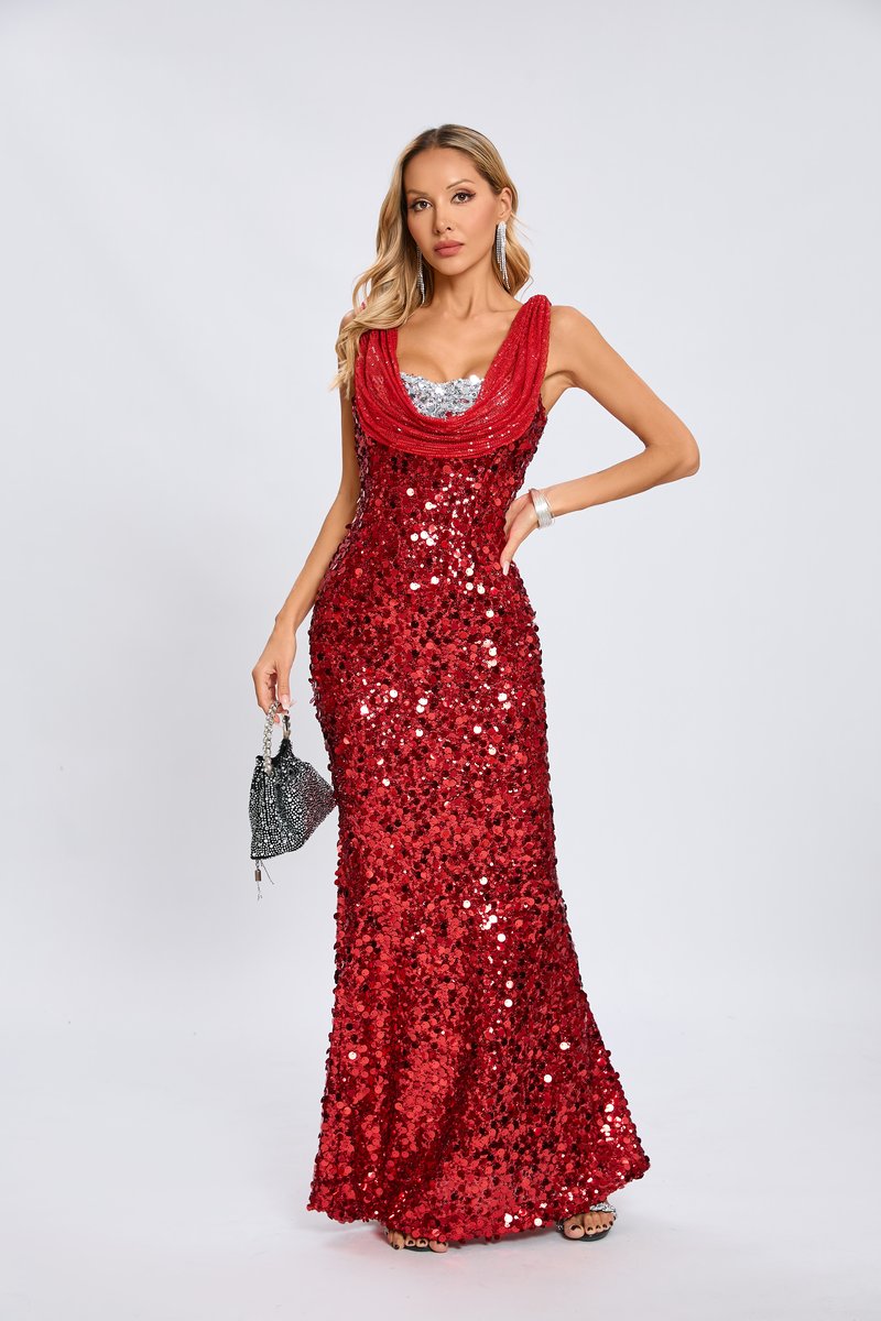 Red Sequin Cowl Neck Maxi Dress H6560