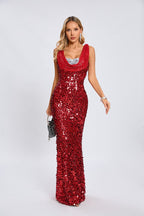 Red Sequin Cowl Neck Maxi Dress H6560