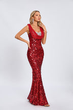 Red Sequin Cowl Neck Maxi Dress H6560