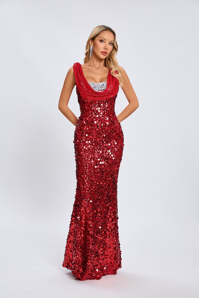 Red Sequin Cowl Neck Maxi Dress H6560