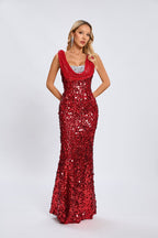 Red Sequin Cowl Neck Maxi Dress H6560
