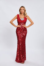 Red Sequin Cowl Neck Maxi Dress H6560