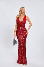 Red Sequin Cowl Neck Maxi Dress H6560