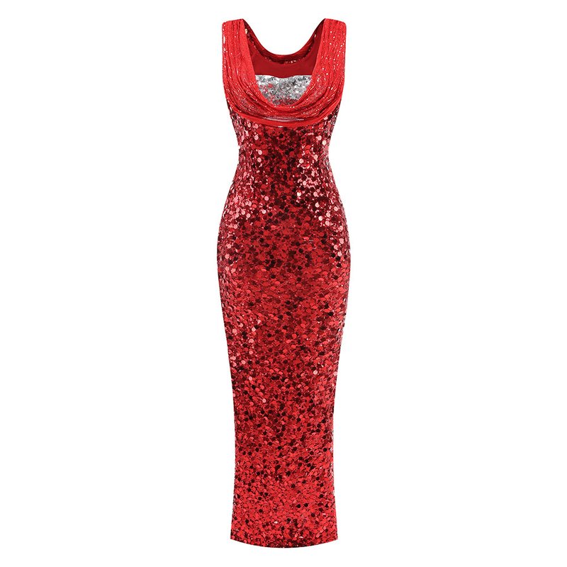 Red Sequin Cowl Neck Maxi Dress H6560