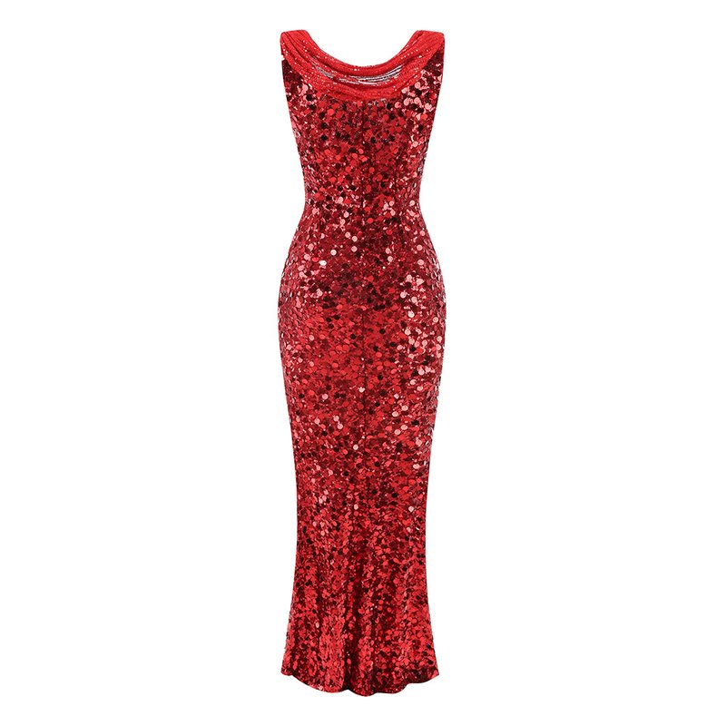 Red Sequin Cowl Neck Maxi Dress H6560