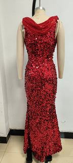 Red Sequin Cowl Neck Maxi Dress H6560