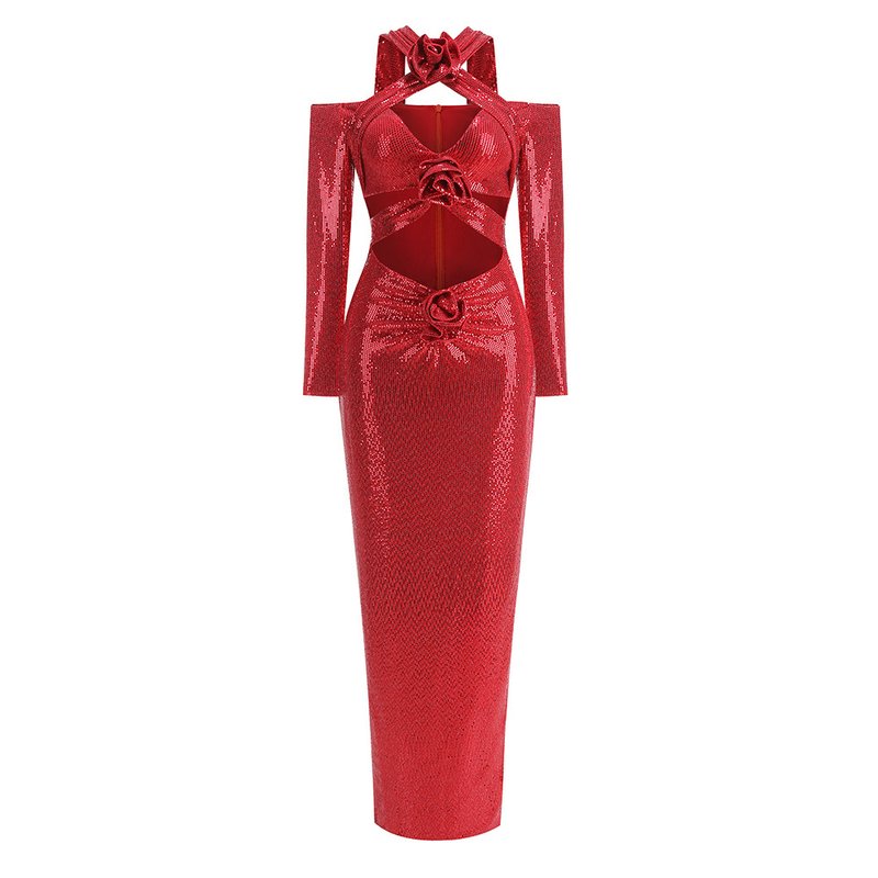 Red Sequin Cutout Midi Dress H6336