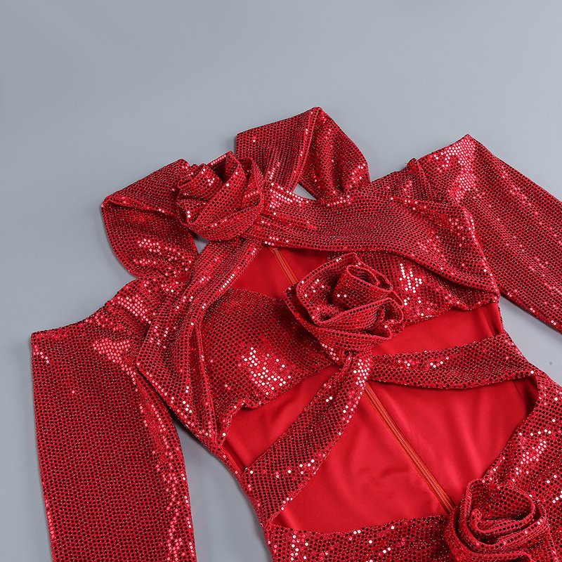 Red Sequin Cutout Midi Dress H6336
