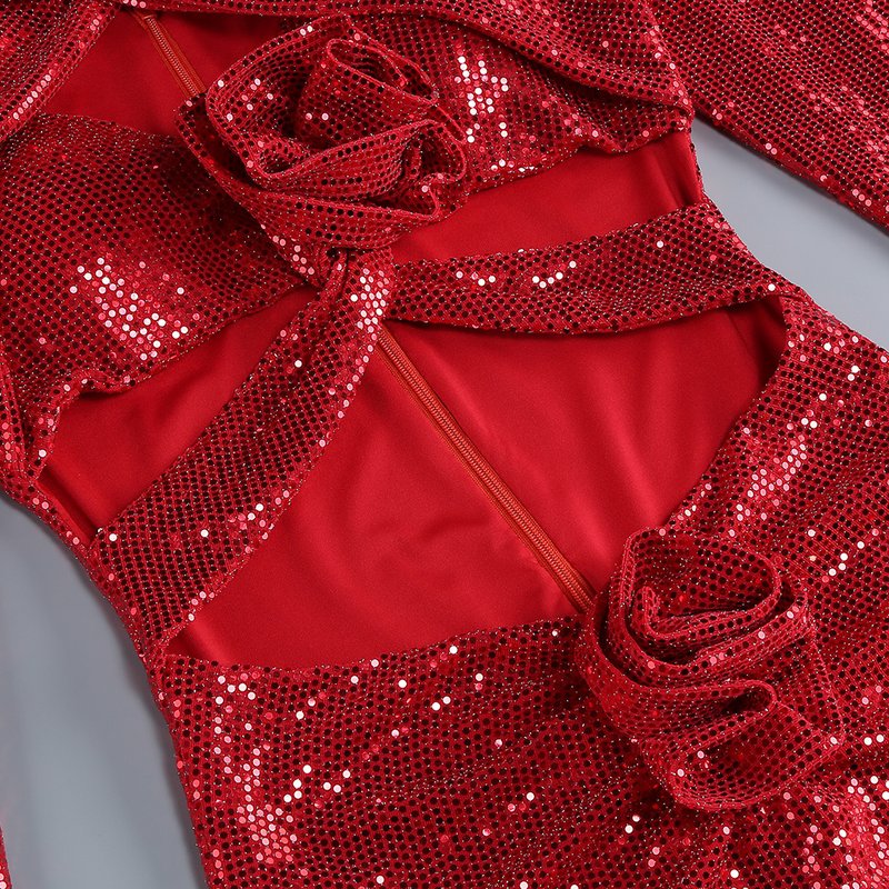 Red Sequin Cutout Midi Dress H6336