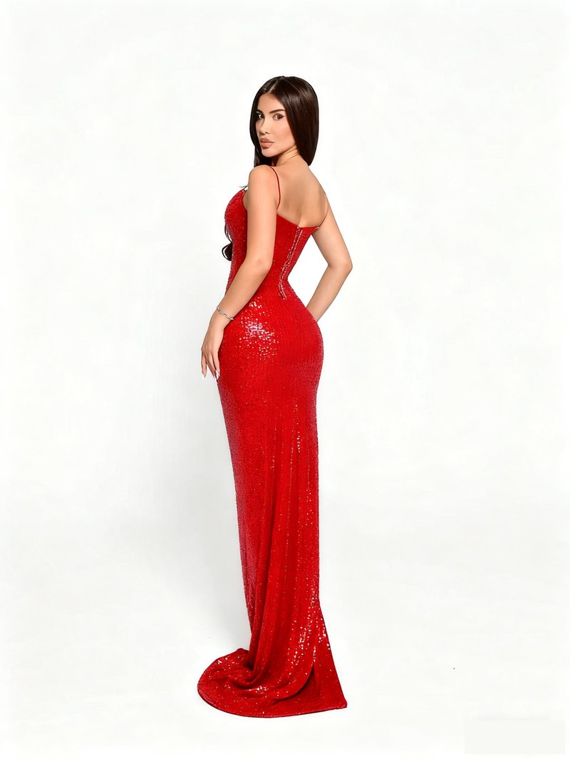 Red Sequin Slit Maxi Dress H7071