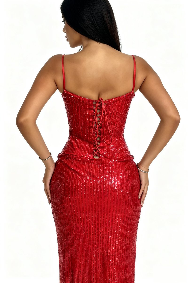 Red Sequin Slit Maxi Dress H7071
