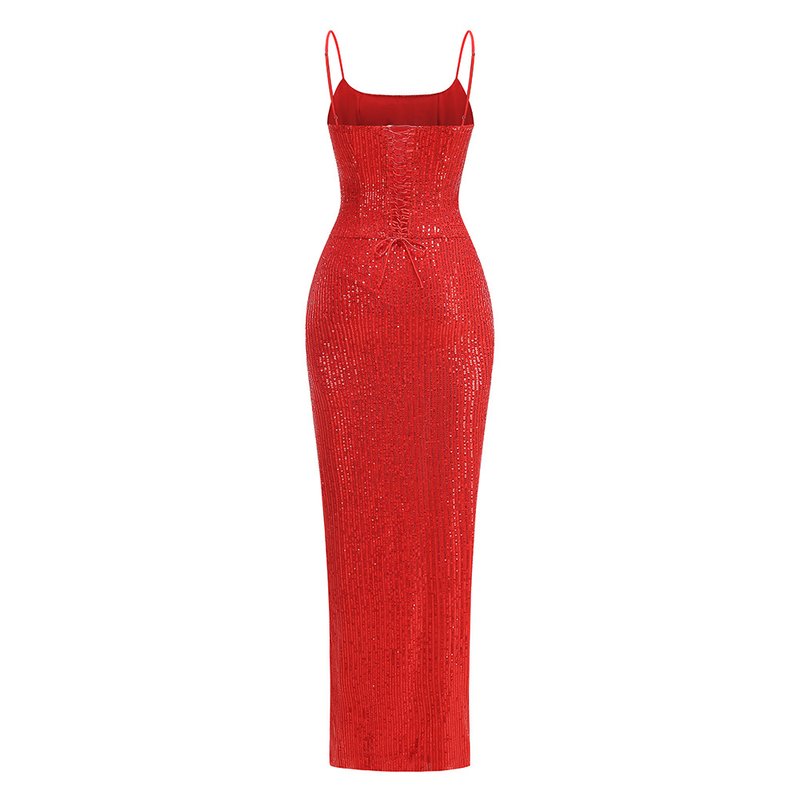 Red Sequin Slit Maxi Dress H7071