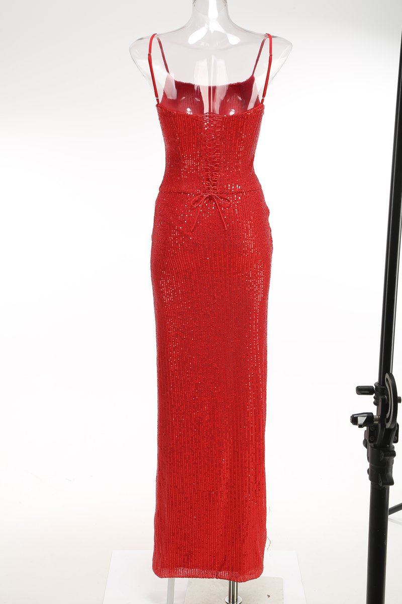 Red Sequin Slit Maxi Dress H7071
