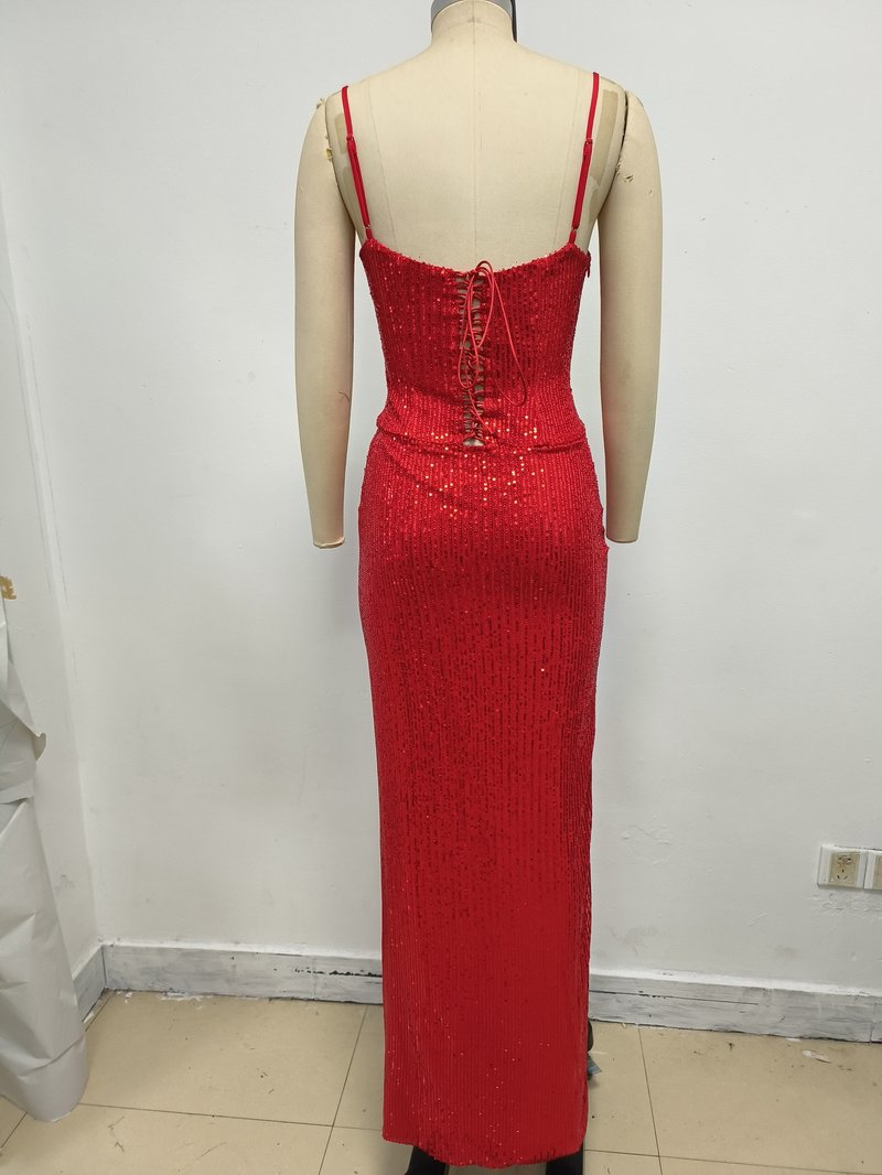 Red Sequin Slit Maxi Dress H7071
