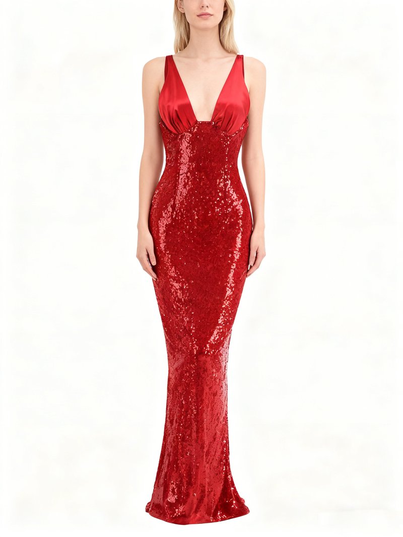 Red Sequin V-Neck Mermaid Gown H7061