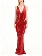 Red Sequin V-Neck Mermaid Gown H7061
