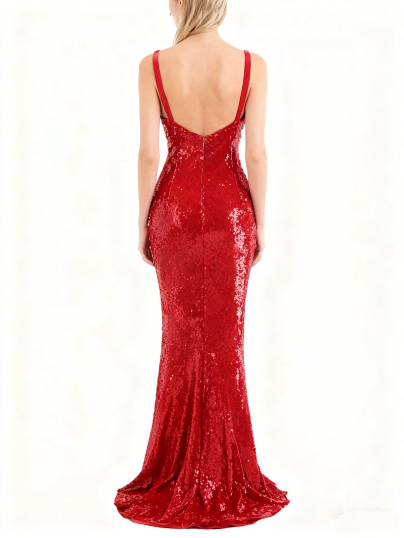 Red Sequin V-Neck Mermaid Gown H7061