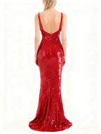 Red Sequin V-Neck Mermaid Gown H7061