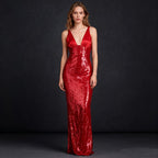 Red Sequin V-Neck Mermaid Gown H7061