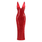 Red Sequin V-Neck Mermaid Gown H7061