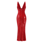 Red Sequin V-Neck Mermaid Gown H7061