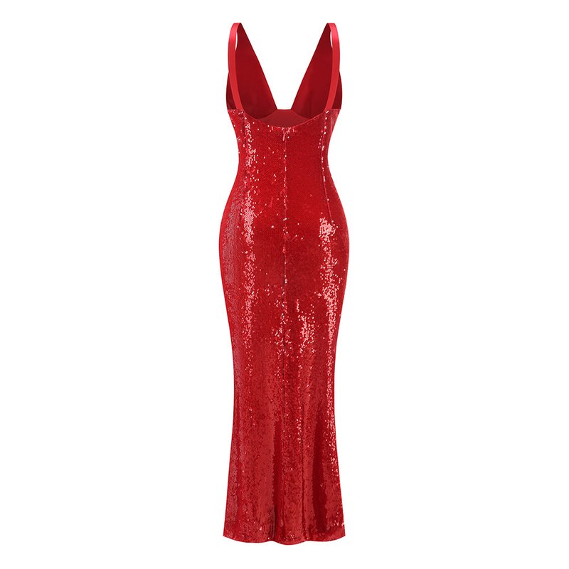 Red Sequin V-Neck Mermaid Gown H7061