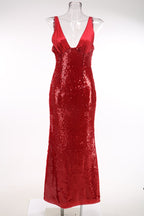 Red Sequin V-Neck Mermaid Gown H7061