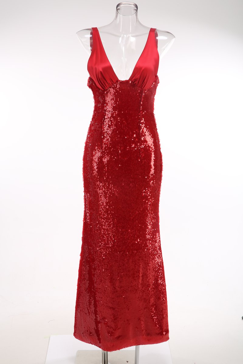 Red Sequin V-Neck Mermaid Gown H7061