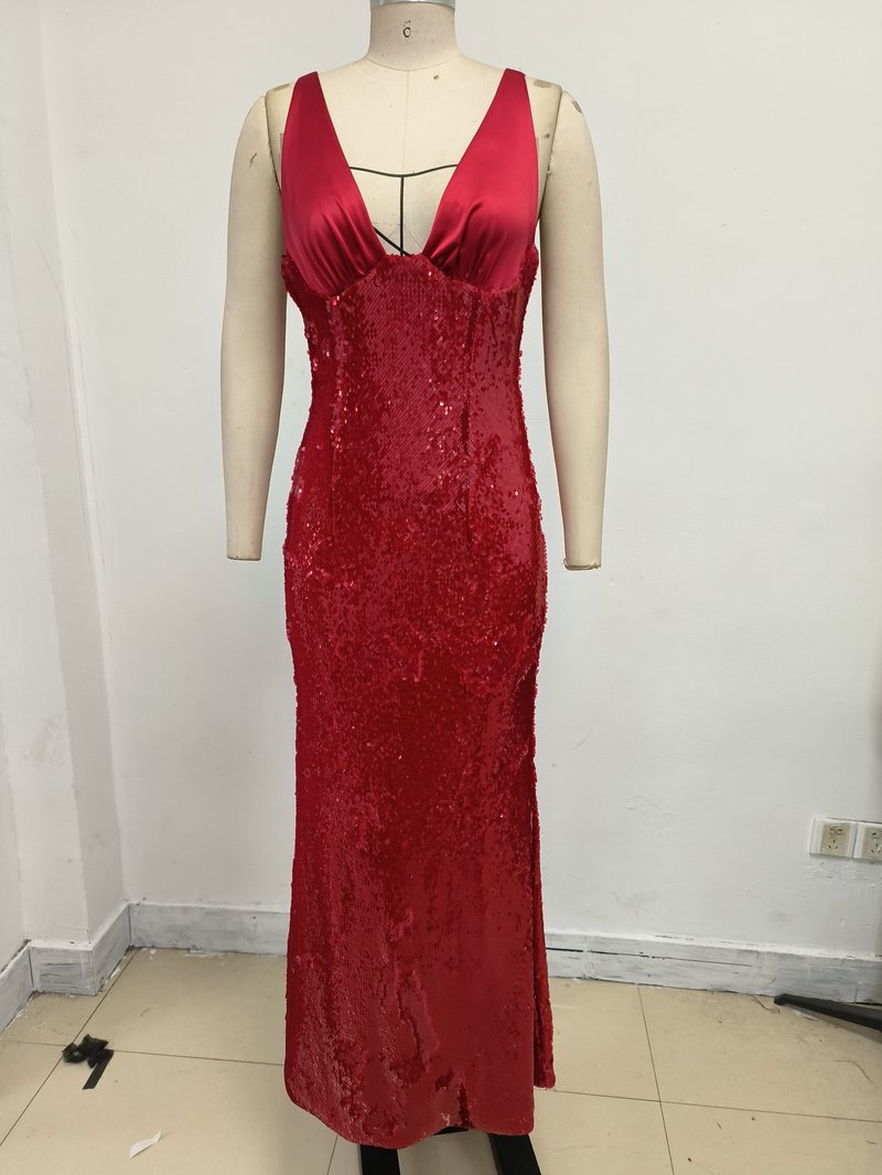 Red Sequin V-Neck Mermaid Gown H7061