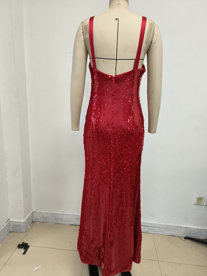 Red Sequin V-Neck Mermaid Gown H7061
