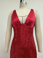 Red Sequin V-Neck Mermaid Gown H7061