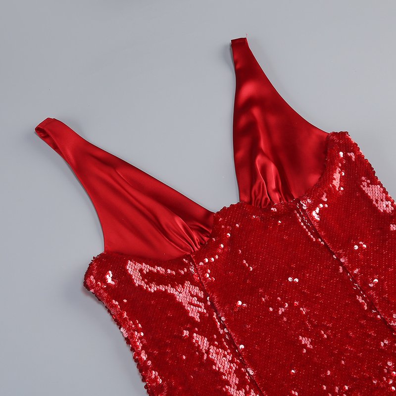 Red Sequin V-Neck Mermaid Gown H7061