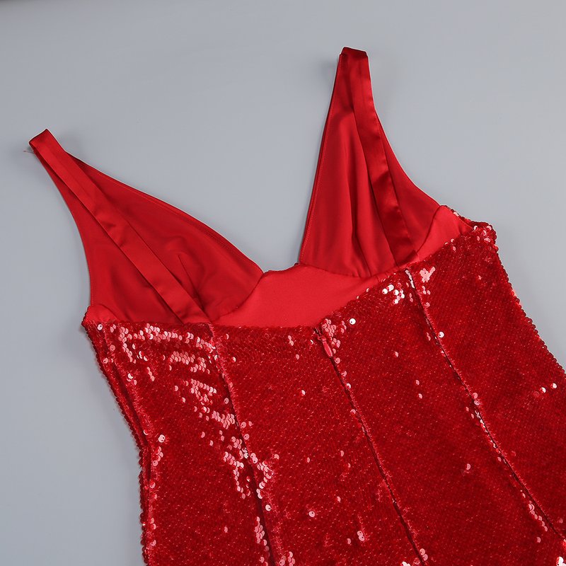 Red Sequin V-Neck Mermaid Gown H7061