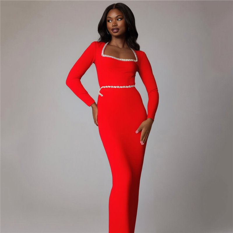 Red Square Neck Rhinestone Bandage Dress H6522