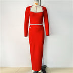 Red Square Neck Rhinestone Bandage Dress H6522